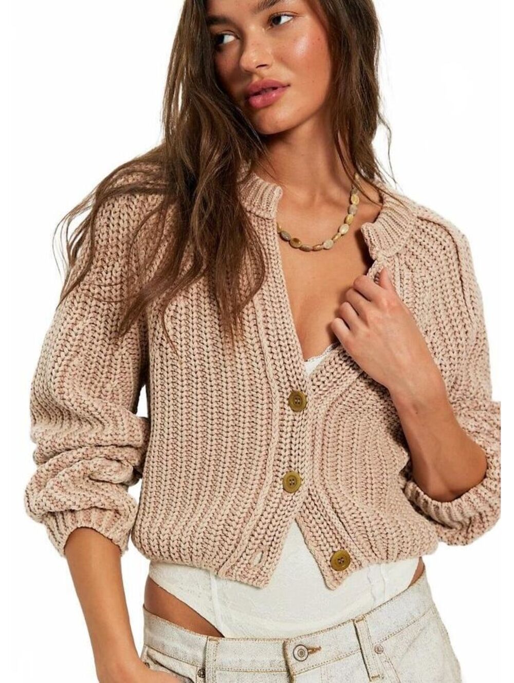 Free People Sweet Nothing Cotton Cardi L Oatmeal Cropped Chunky Knit Cardigan